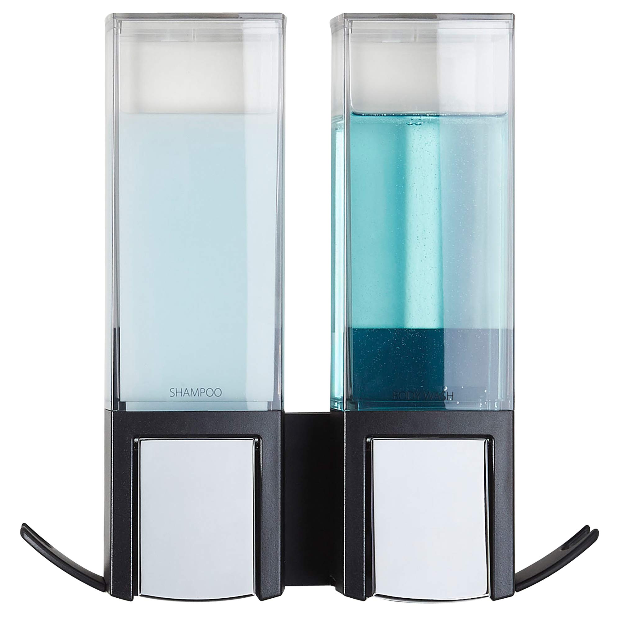 Better Living Clever Double Shower Dispenser 2 Chamber, Wall Mount Shower Soap Dispenser for Bathroom Hotel Body Wash, Storage Hooks, No Drill, Waterproof Shampoo Soap Dispenser, 2 x 17 oz, Black