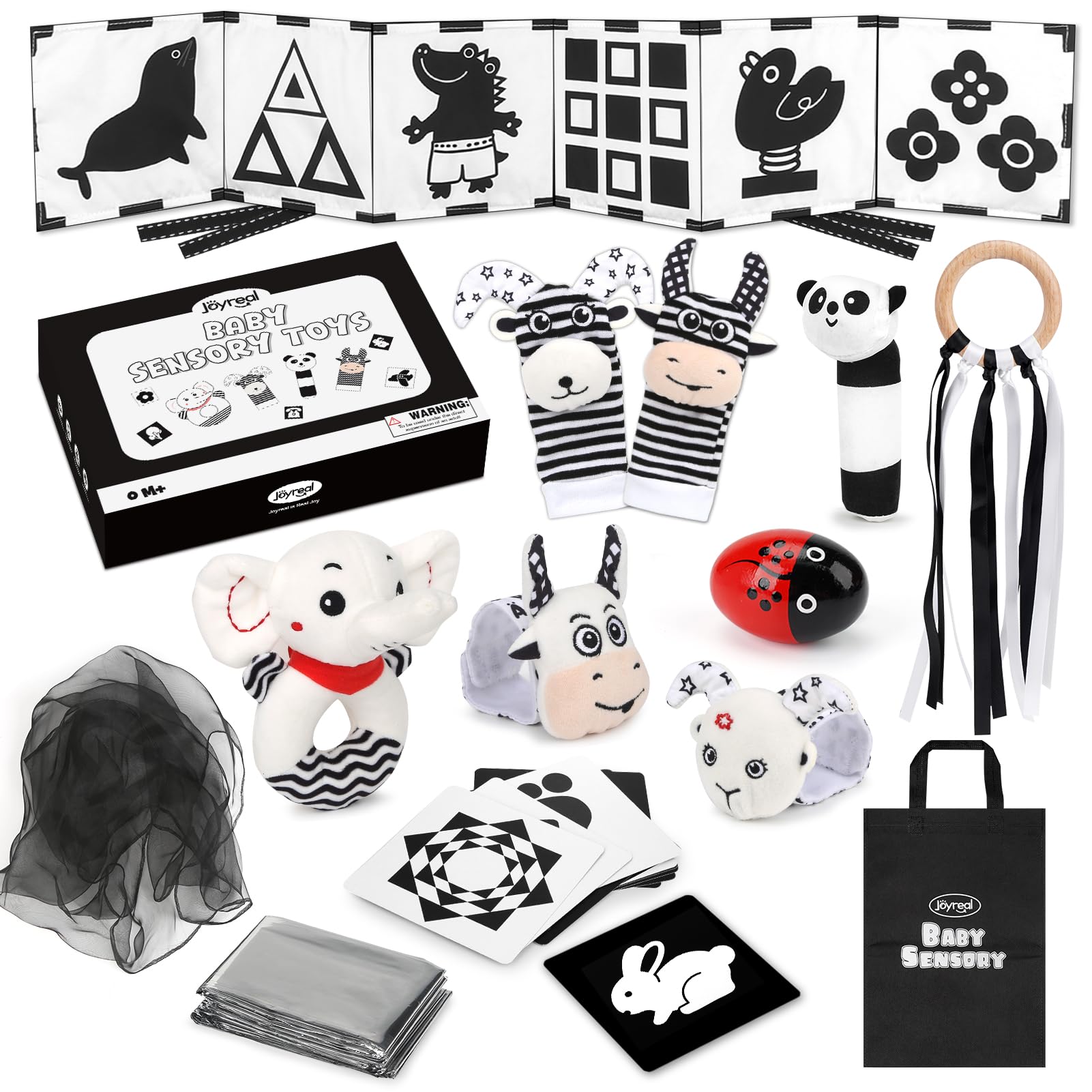 Joyreal Baby Sensory Toys, 13 Pcs Black and White Sensory Toys 0-6 Months, Foil Blanket, Sensory Cards, Baby Rattles, Ribbon Ring, Scarf, Maracas, Newborn Toys Sensory Box 0-3 Months Gifts