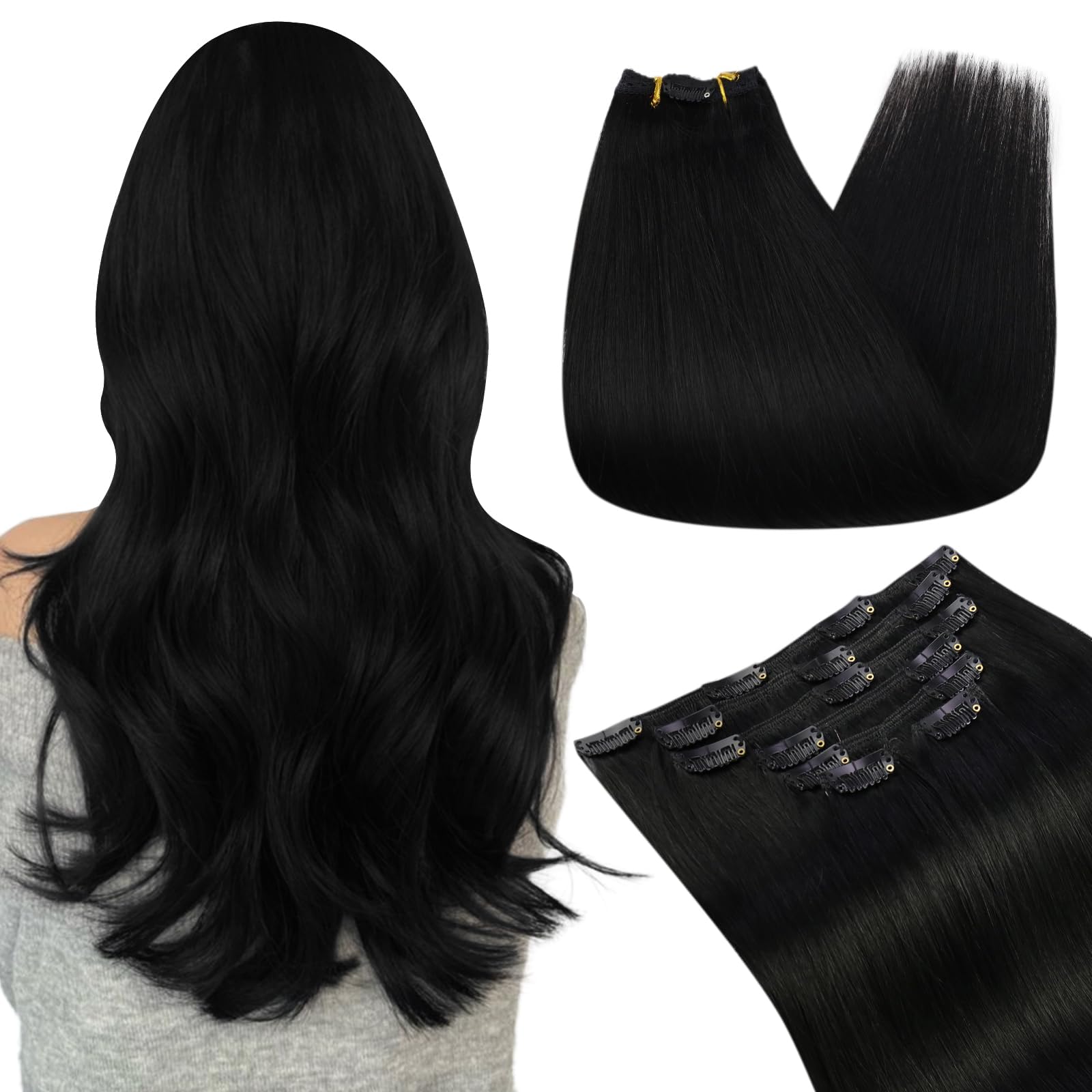 Ugeat 22 Inch Clip in Hair Extensions Black Hair Extensions Clip in Jet Black Remy Soft Clip-in Human Hair Extension Double Weft Long Straight for Women 7pcs 120g