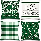 DIYDEC 4PCS St. Patrick's Day Pillow Covers 18x18 Inch Shamrocks Clover Throw Pillow Covers Hello Happy St. Patrick Pillow Covers Plaid Decor Cushion Cases for Farmhouse Holiday Home Couch Sofa