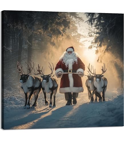 Tableaux Toile Déco Noël - 3 Pièces 50x70 Cm - Père Noël, Sapin, Paysage Hivernal - Pour Salon, Salle à Manger - 12
