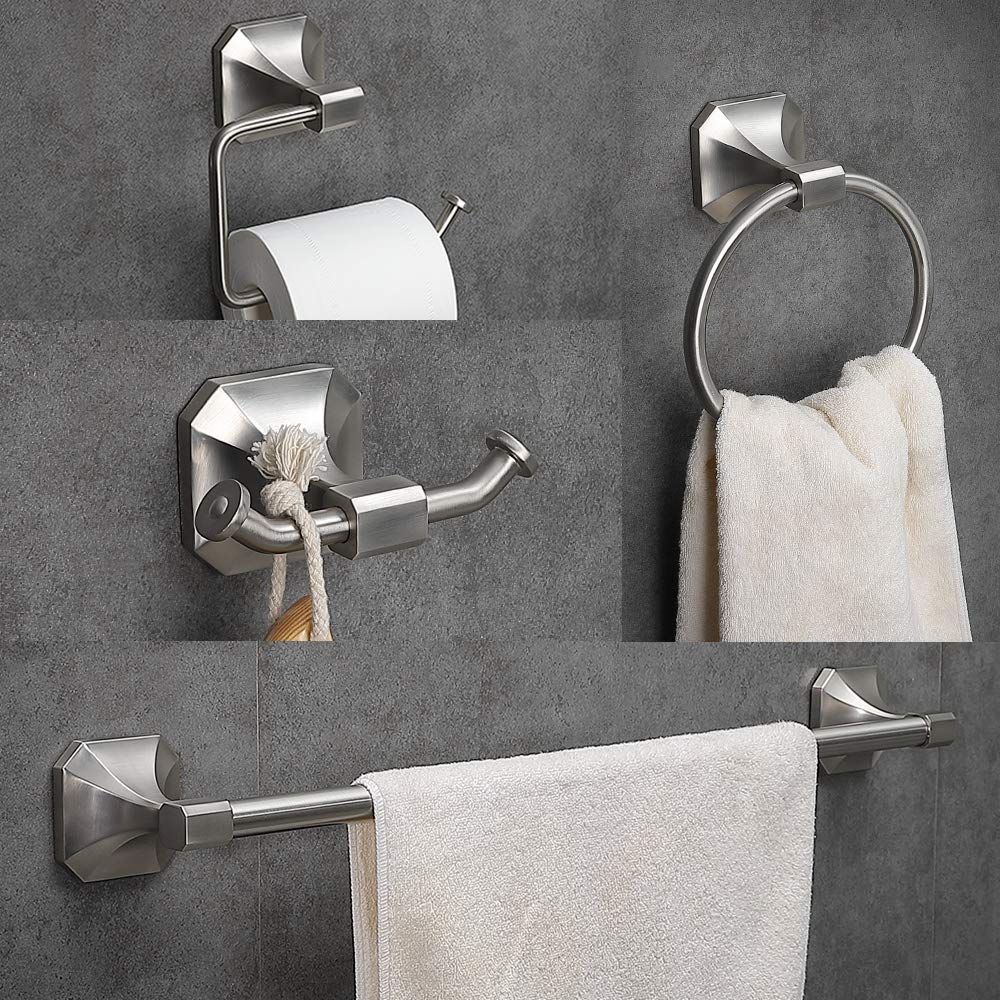 Gricol 4-Piece Bathroom Hardware Brushed Nickel Stainless Steel Accessory Set Towel Bar Wall Mounted