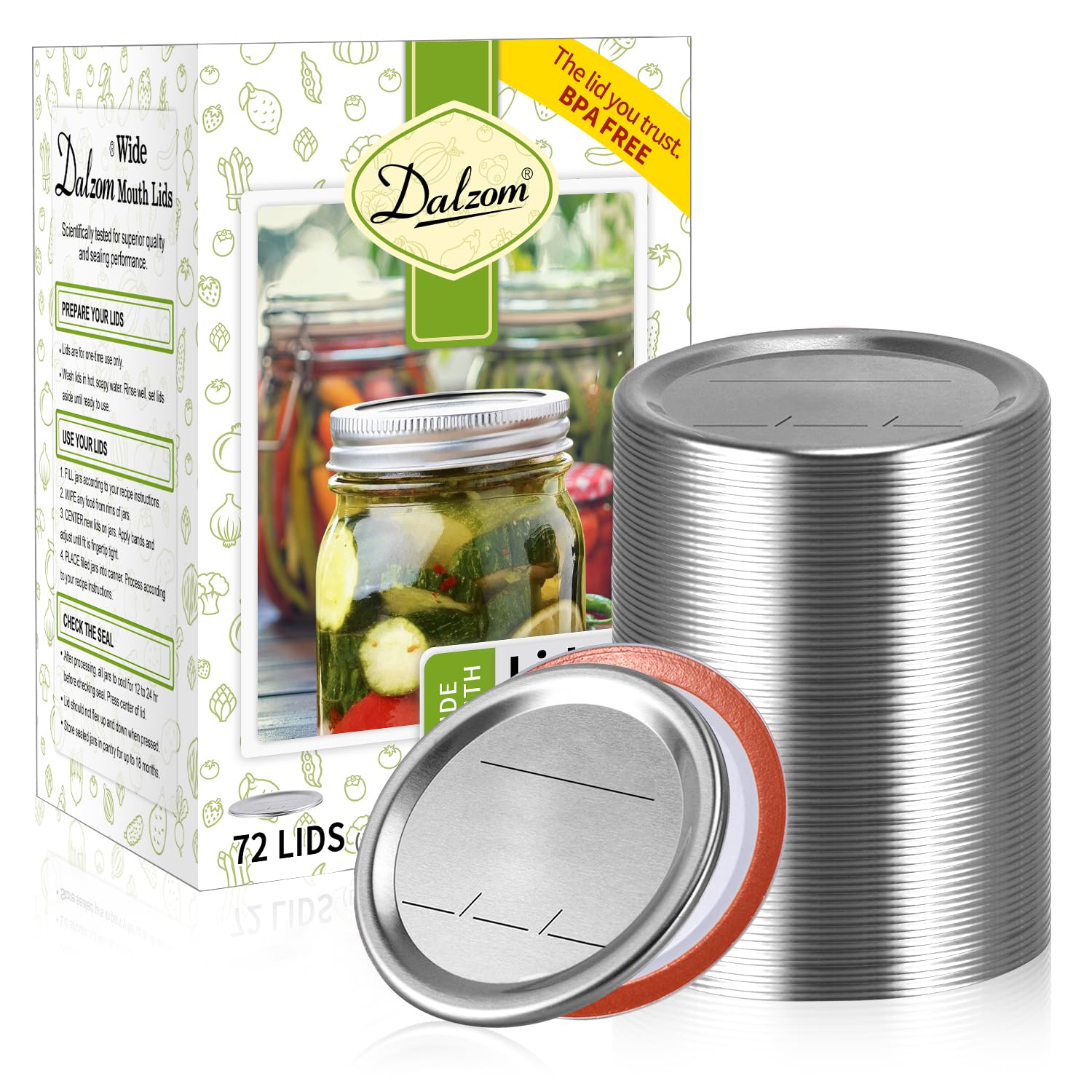 Photo 1 of Dalzom® 72Pcs Canning Lids Wide Mouth, Premium Mason Jar Lids for Ball, Kerr Jars - Food Grade Material, 100% Fit & Airtight for Wide Mouth Mason Jars