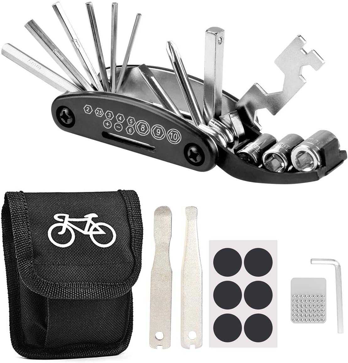Kit Réparation Vélo 16 En 1 - Trousse Outils Multifonctions Portable Avec Sac, Leviers Et Patchs Pneus