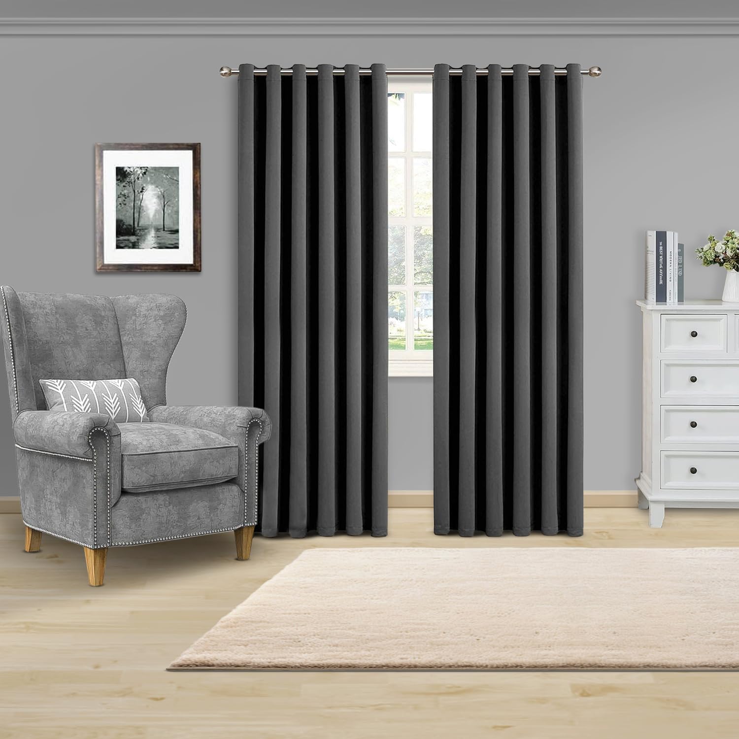 Yorkshire Bedding Grey Blackout Curtain Ring Top Bedroom 66x72 Eyelet Thermal Insulated Curtains for Bedroom Darkening Panels + 2 Tie Backs