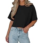 Tankaneo Womens Casual Half Sleeve Cropped T-Shirts Summer Crop Tops Solid Color Round Neck Basic Crop Tees
