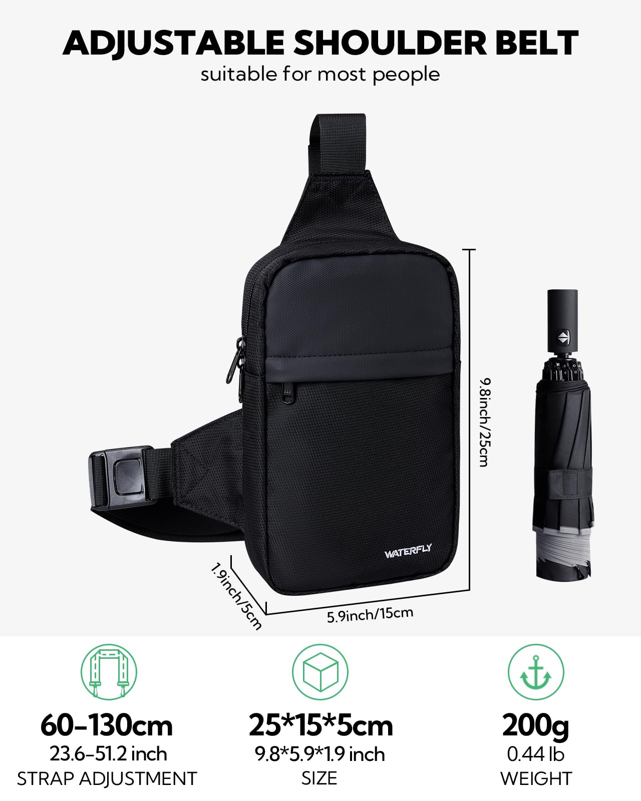 WATERFLY Umhängetasche Crossbody Brusttasche Schultertasche: Sling Bag Tasche Herren Klein Handtasche Crossover Crossbag Schulter Männer Handy Bauch Sportarten Wandern 3