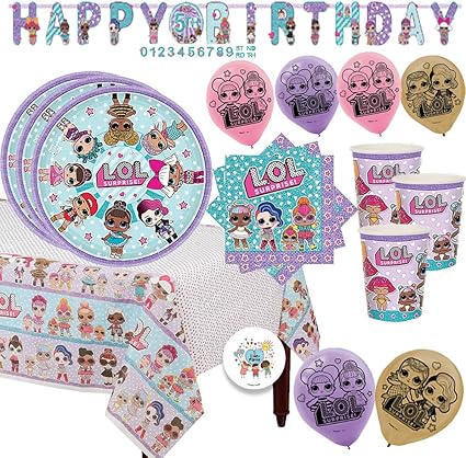 Amazon.com: LOL Surprise - Pack de suministros para fiesta de cumpleaños para 16 invitados con L.O.L. Platos, vasos, servilletas, mantel de papel, 6 globos, añadir una edad de cumpleaños y Pin exclusivo