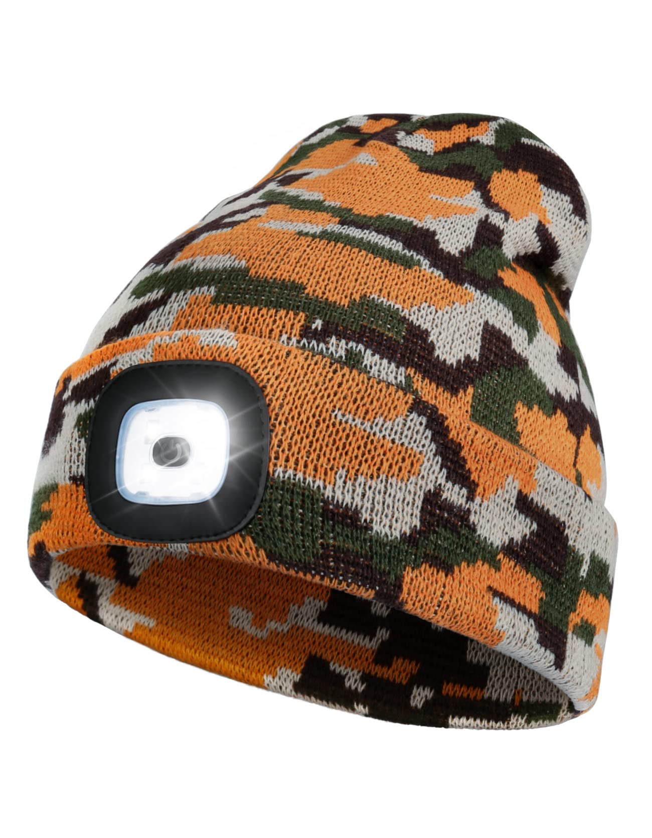 Rechargeable LED Lighted Beanie, Perfect Dad Gifts in Christmas, Stocking Fillers Cap with Light Hands Free Head Torch Unisex Winter Warm Knit Beanie Golden Camouflage