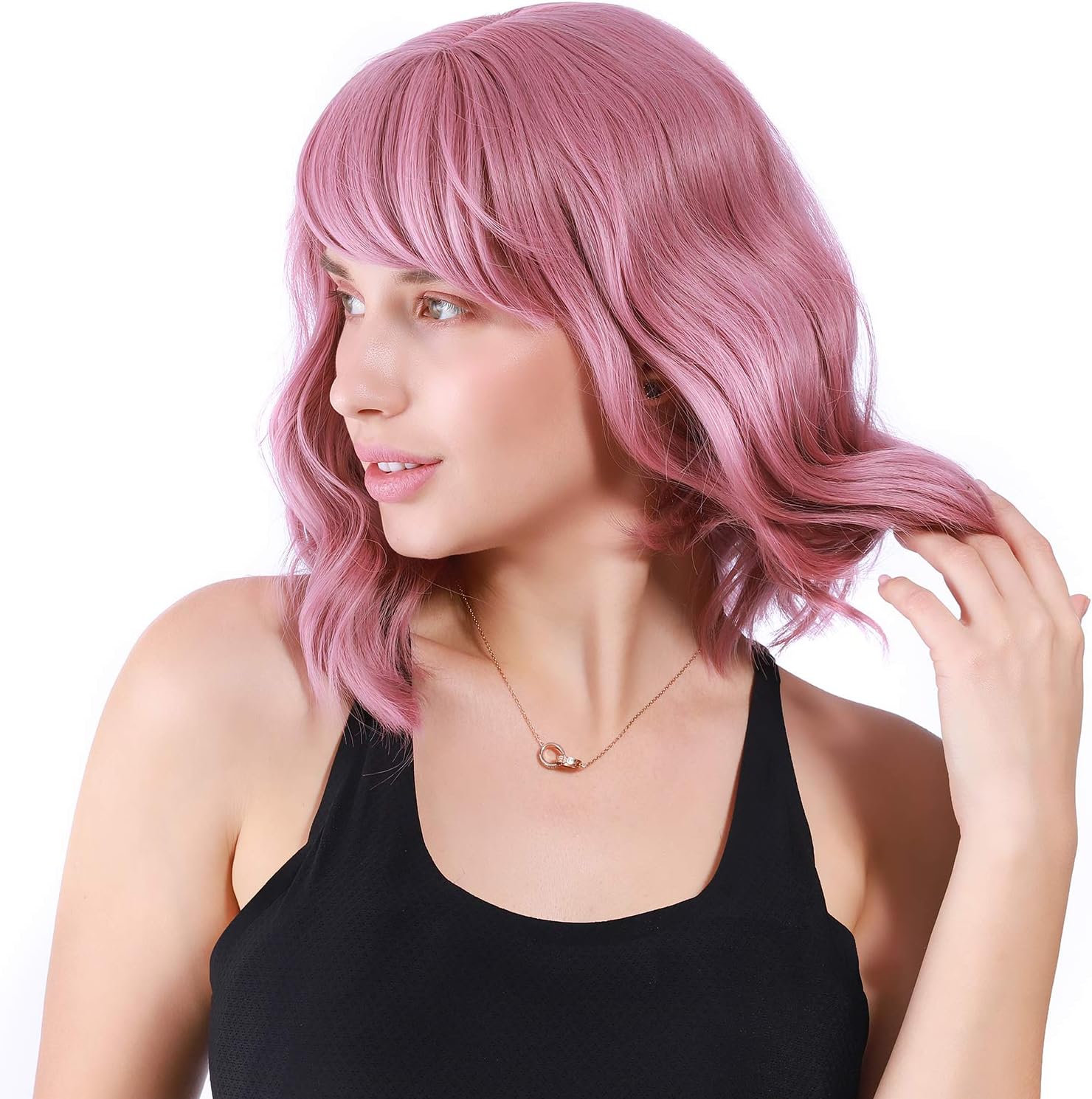 VCKOVCKO Pastel Wavy Wig With Air Bangs Women's Short Bob Purple Pink Wig Curly Wavy Shoulder Length Synthetic Cosplay Colorful Wigs for Girls (12",Purple Pink) - Image 3