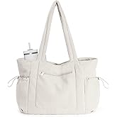 ECOHUB Large Corduroy Tote Bag for Women with Cup Holder & Luggage Sleeve & Laptop Compartment for Work Travel College Casual