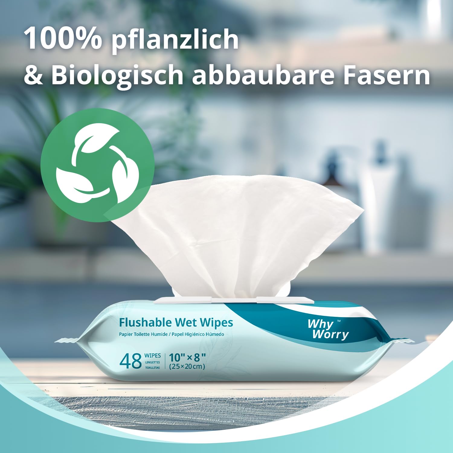 WhyWorry Feuchtes Toilettenpapier Spülbar, 20x25cm Extra Groß Feuchttücher Toilette mit Kamille & Vitamin E, Reinigungstücher für Erwachsen, 100% Pflanzlich, Wiederverschließbar, Parfümfrei, 144 Stück 5