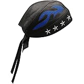 Sheep Leather Skull caps in Black Sweat Head Wraps Studded Skull Cap Bandana Style in Real Do Du Rag Leather Doo Rag Motorcycle Biker Cap Black/Blue Flame ICE Club Shop