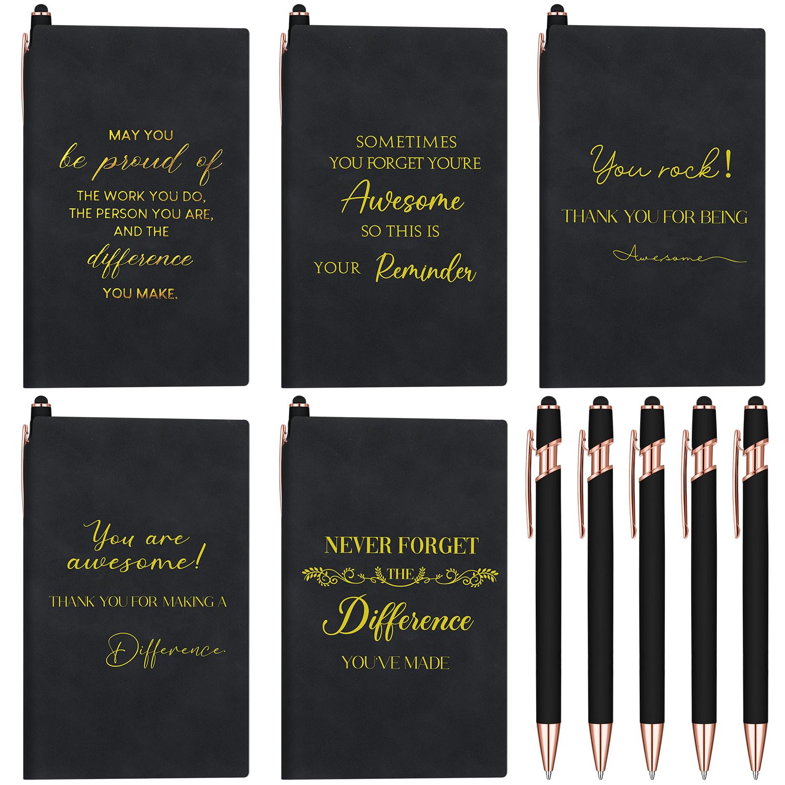 Tenare 5 Sets Inspirational Quote Gift Employee Appreciation Gift Set Includes Thank You A6 Notebooks Ballpoint Pens Pocket Notebook Journals for Teacher Coworker Colleague(Black)