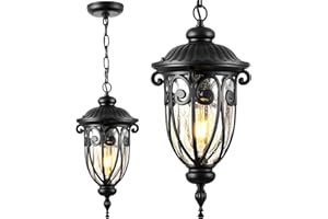 VIANIS Black Outdoor Pendant Light Lantern, Modern Chandelier, Handcrafted Hanging Lights with Seed Glass, Outdoor Ceiling Lights for Porch, House, Doorway, Garden, Entryway