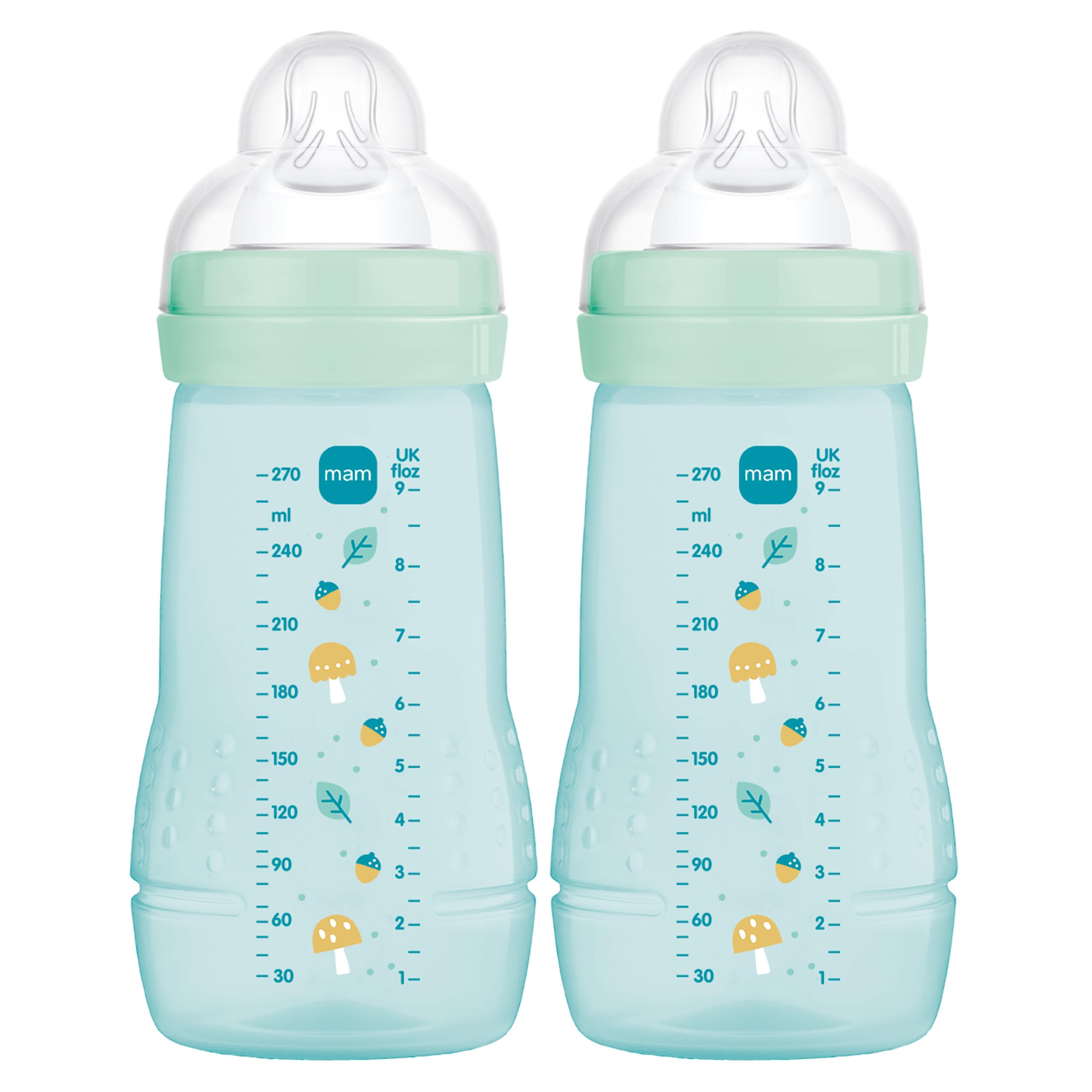MAM Easy Active Bottles | 2 Pack (2 x 270ml) | Medium Flow MAM Teats Size 2 | Baby Accessories | Blue (Various Designs)