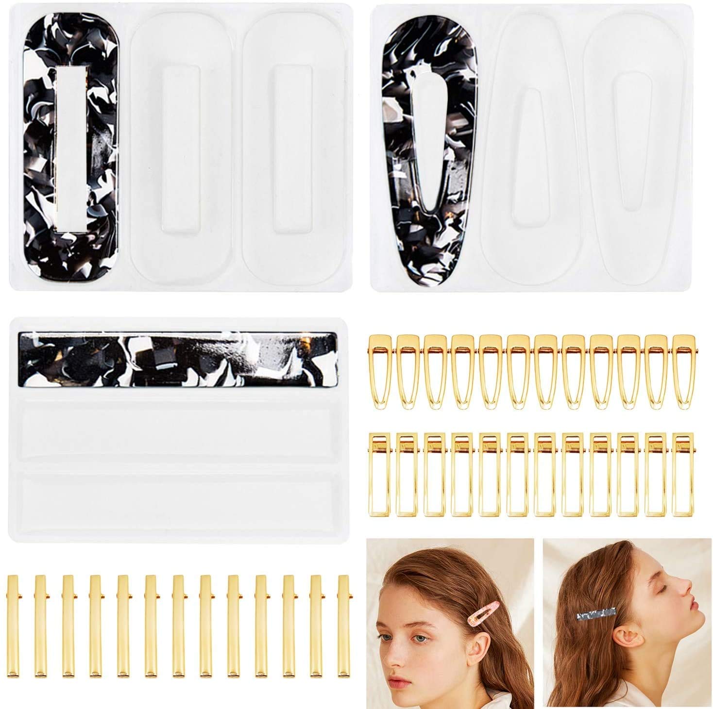 VEGCOO 39 Pcs Silicone Moulds Kit Hair Clip Resin Moulds Kit, Silicone Hairpin Casting Tools Hair Clip Making DIY Jewellery Crafts