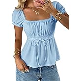 SOLY HUX Women's Square Neck Short Sleeve Peplum Tops Tie Front Summer Teen Girls Babydoll Top T Shirt