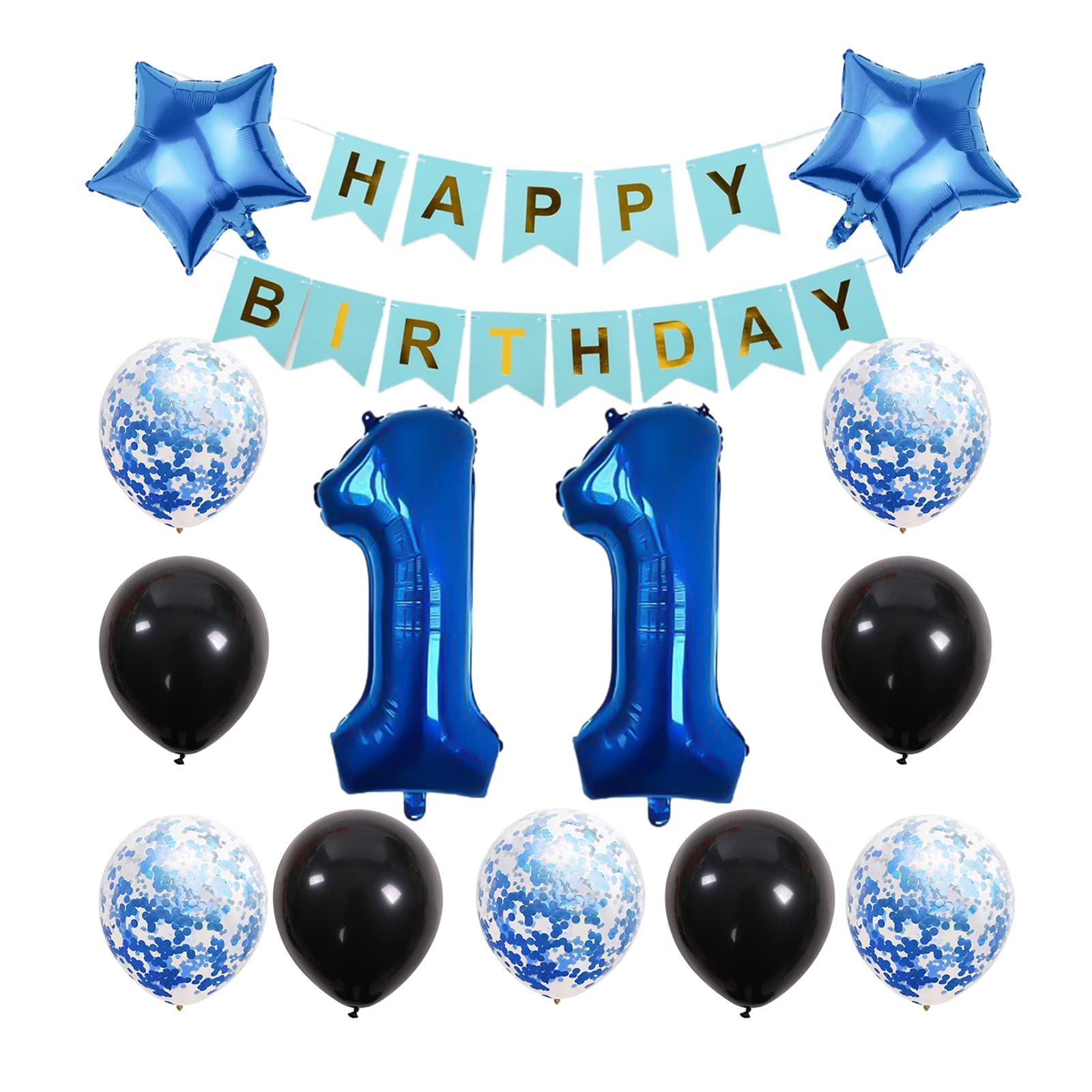 Chaungfu Blue 11th Birthday Party Supplies Kit - 32 Inch Foil Balloons, Banner, Stars, Latex & Confetti Balloons, Ribbon - 29 Pieces - Unisex Kids