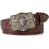 LALATCH Cowboy Cowgirl Belt Western Belts for Men Women Floral Engraved Longhorn Bull Buckle Belt for Jeans