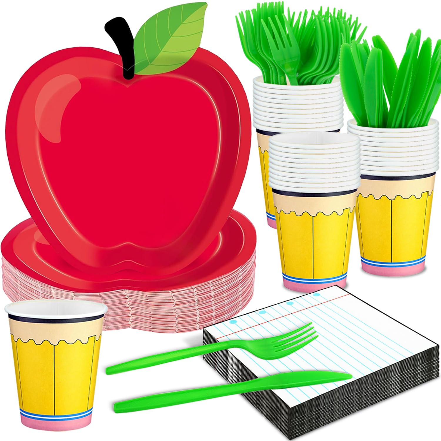 Photo 1 of 125PCS Back to School Decorations, Apple Plates Pen Cups Notebook Napkins for First Day of School Teacher Graduation Party Dinnerware Supplies (Serves 25 Guests)