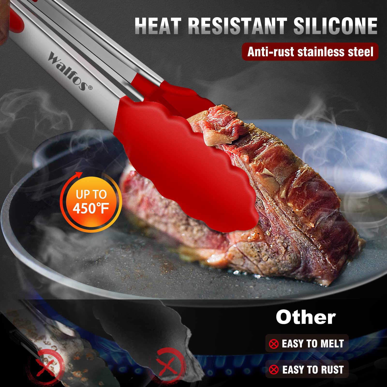 Walfos Silicone Tongs for Cooking - Heat Resistant kitchen tongs for Salad,Cooking, Grilling,Stainless Steel and BPA Free Silicone Tips set of 3 (7