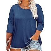 ZDC Women's Plus Size Tops 3/4 Sleeve Crew Neck T Shirts Loose Fit Tee Tunic Casual Blouse