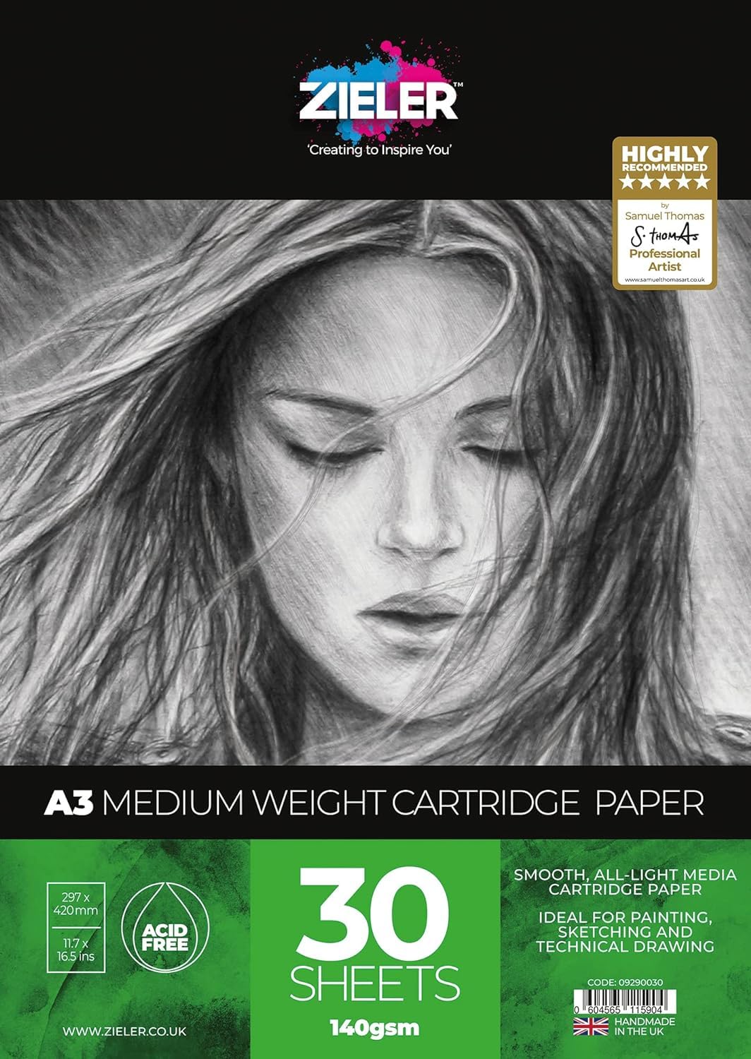 Medium Weight Cartridge Paper Pad - 140gsm, 30 Sheets (Smooth) - by Zieler™ - Suitable for Painting, Sketching & Technical Drawing. (A3)