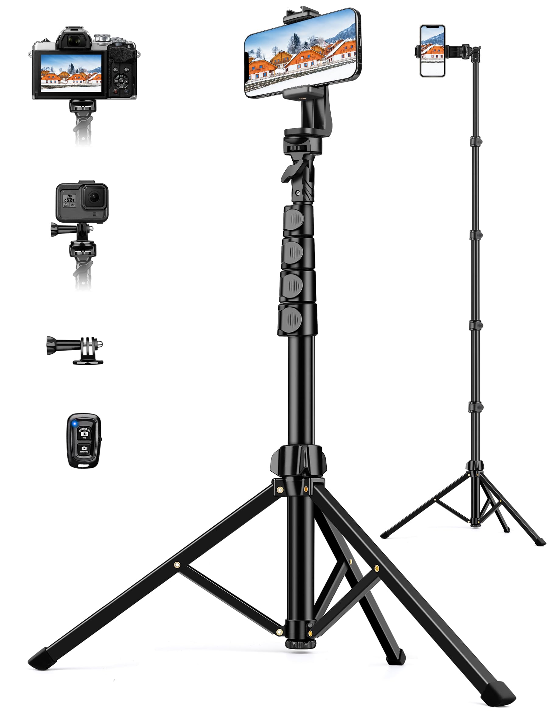 Photo 1 of Phone Tripod, 71" Portable Cellphone Tripod Stand with Remote & Phone Holder, Camera Stand for iPhone, Compatible with Camera iPhone/Android Smartphone/Gopro