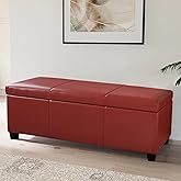 BELLEZE Storage Faux Leather Ottoman, 47 Inch Bench Bedroom Bench with Safety Close Hinge, Extra Long Ottoman with Storage for Living Room, Entryway, Hallway, Foot Rest, Support 300lbs - Red