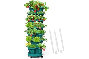 Tectsia Strawberry Vertical Planters Tower Garden, 7 Tiered Stacking Herb Vegetable Planter with Support Pole Indoor and Outdoor - Hunter Green
