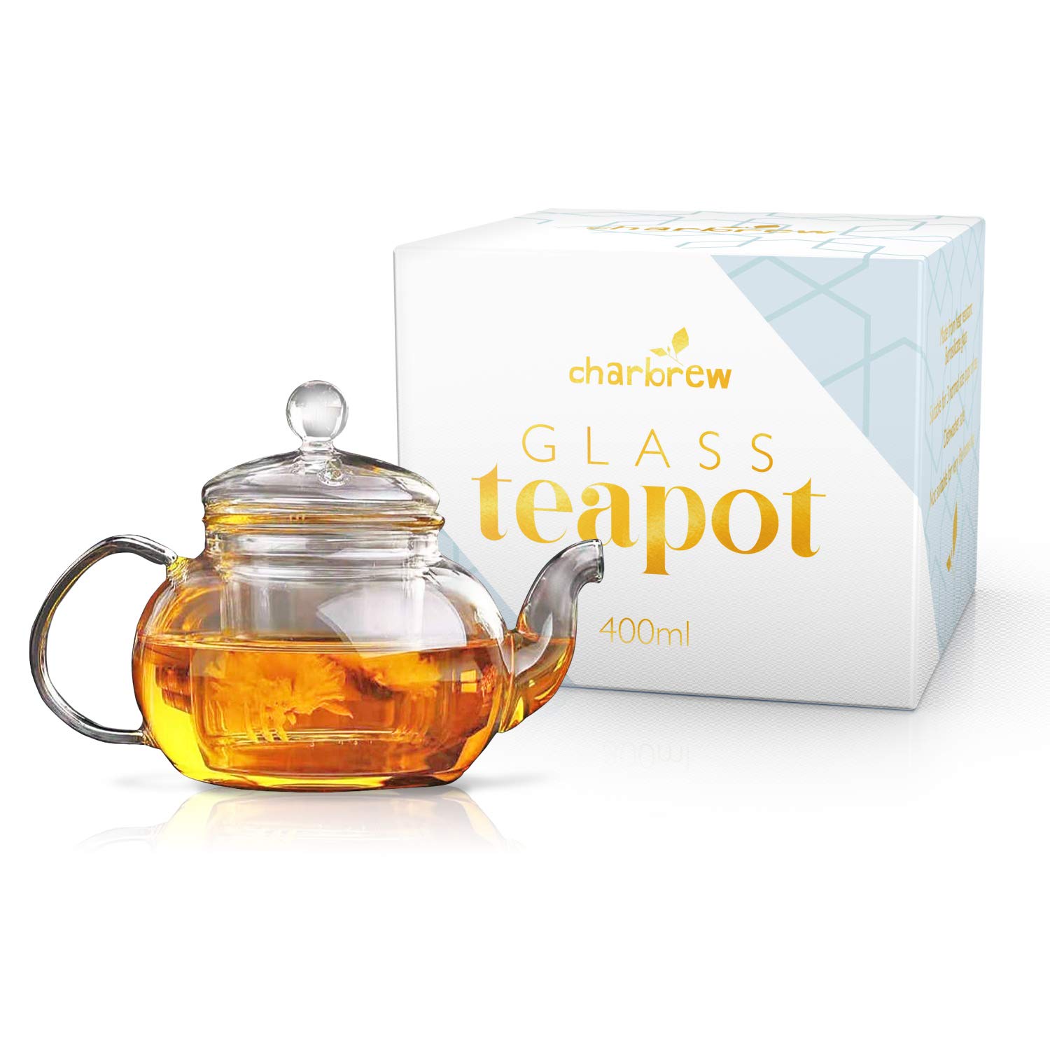 Charbrew Glass Teapot Borosilicate Glass Teapot Tea Strainer for Loose Leaf Tea (400ml)