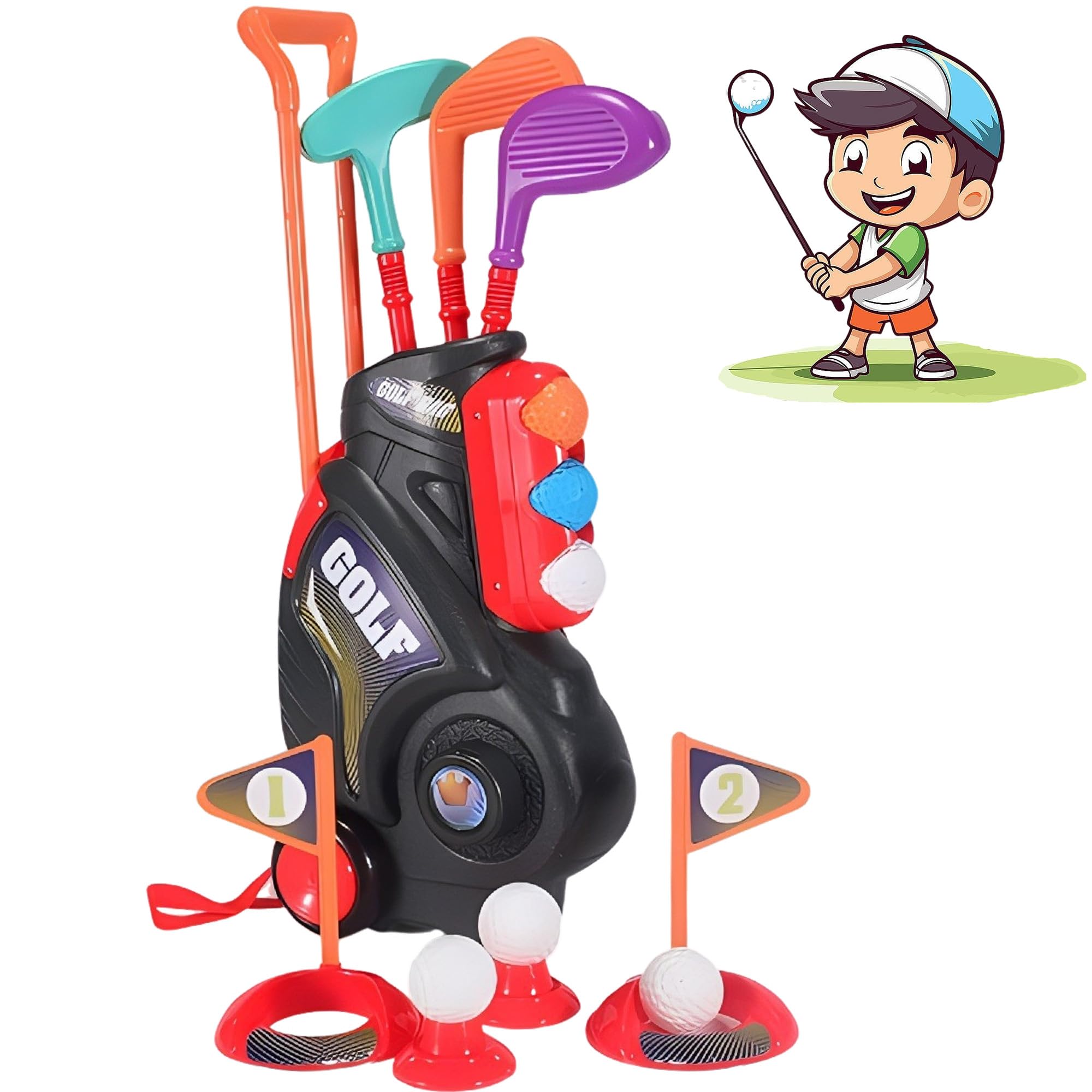 QXLXS Kids Golf Toy Set, Kids Golf Set Indoor Outdoor Games Golf Club Play Set, 2-in-1 Push Cart & Backpack with Golf Accessories, Mini Golf Set Toddler Toys Gift, Kids Golf Clubs Games Sports Toy