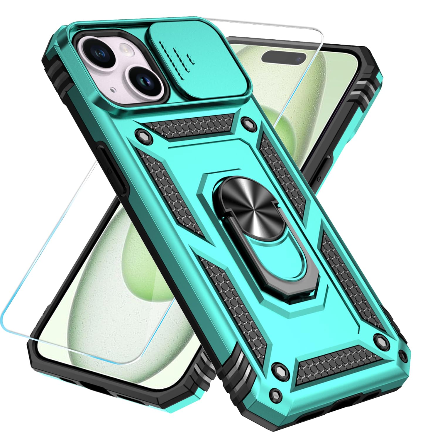 SunStory Compatible with iPhone 15 Case with HD Screen Protector & Slide Camera Cover & Rotated Ring Kickstand, [Military-Grade] Phone Case for iPhone 15, Teal