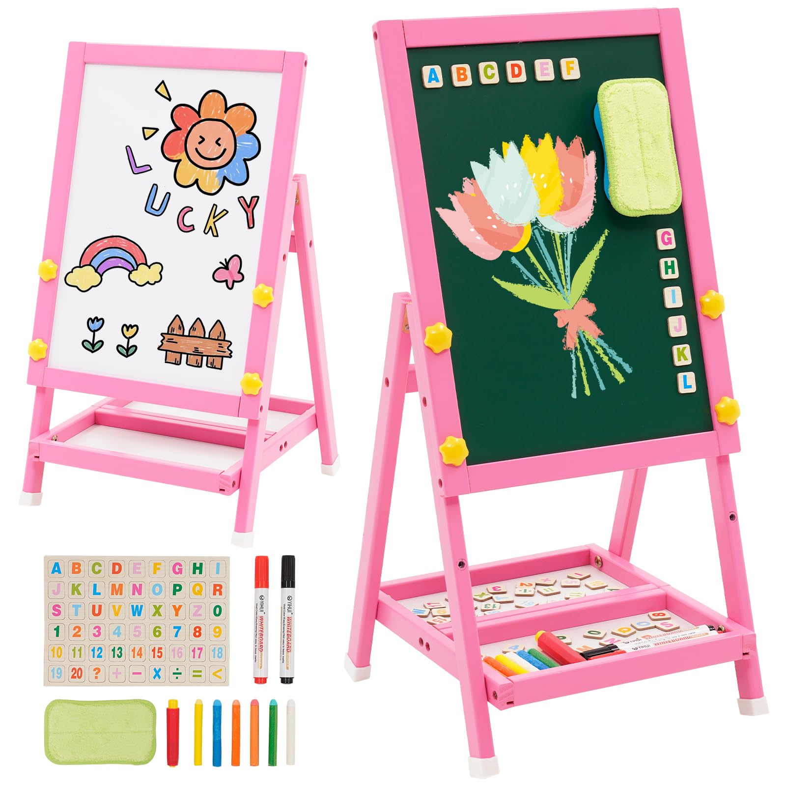Kids Art Easel Double Sided Easel Whiteboard Blackboard,Foldale Mini Wood Easel for Kids,Drawing Board with Letters and Numbers 43 * 32 * 8.5 (Pink)
