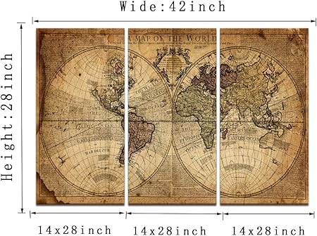 Yatsen Bridge 3 Panel Framed Globe Maps Painting On Canvas Wall Art Posters And Prints Newspaper Background World Map Vintage Pictures For Home Living Room Office Stretched 28 H X 42 W Amazon Co Uk Kitchen