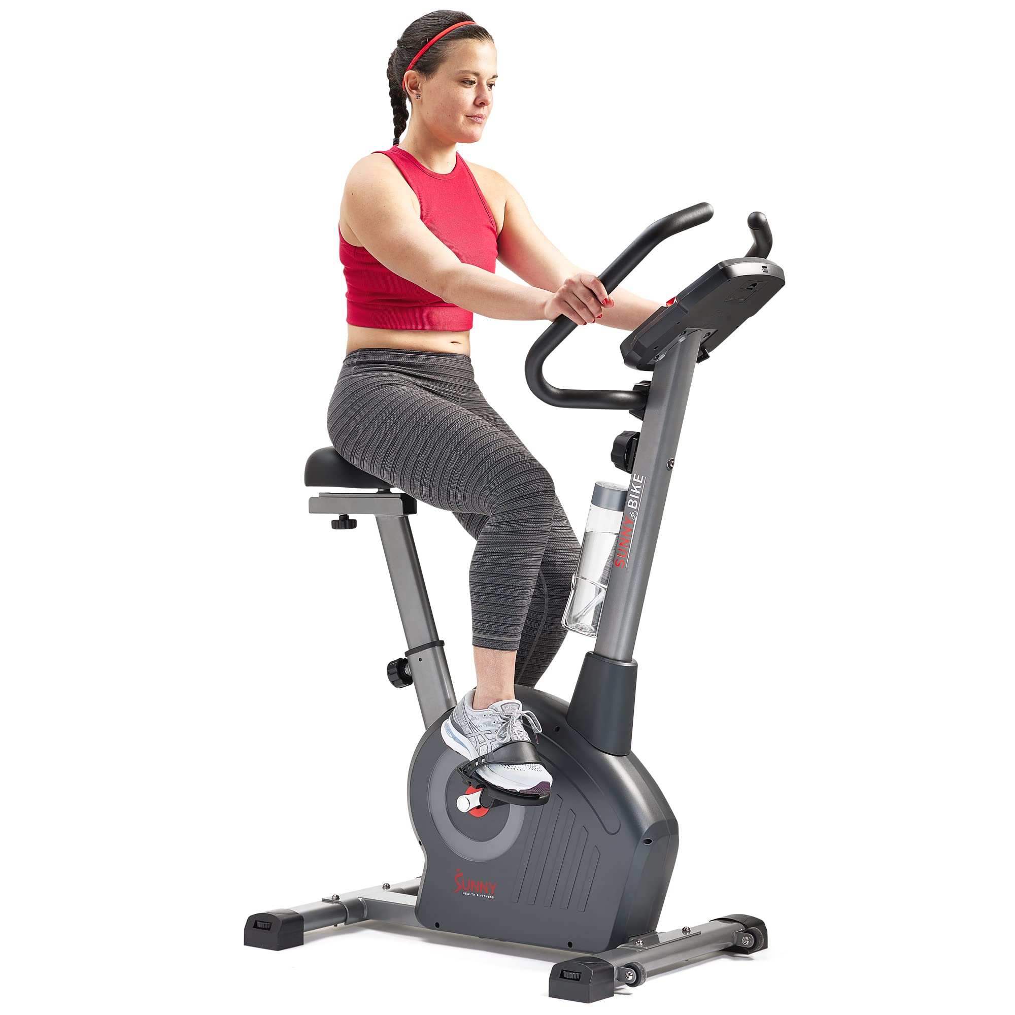 Sunny Health & Fitness Smart Stationary Exercise Upright Bike w/Pulse Sensor & 4-Way Adjustable Seat, Cycling Machine for Home Cardio Training, Free SunnyFit App Connection, Optional Resistance Band