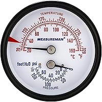 MEASUREMAN Commercial Tridicator, 2.5" Dial, 1/4" NPT Back Mount, Dual Scale 0-75 PSI 70-320°F, Rotatable Case with Adjustabl