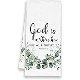 Xmsaitar Christian Eucalyptus Leaf Kitchen Towels, Bible Verse Scripture God is Within Her Hand Towels for Bathroom, Botanical Rustic Decorative Dish Towels Decor for Kitchen 16x24in