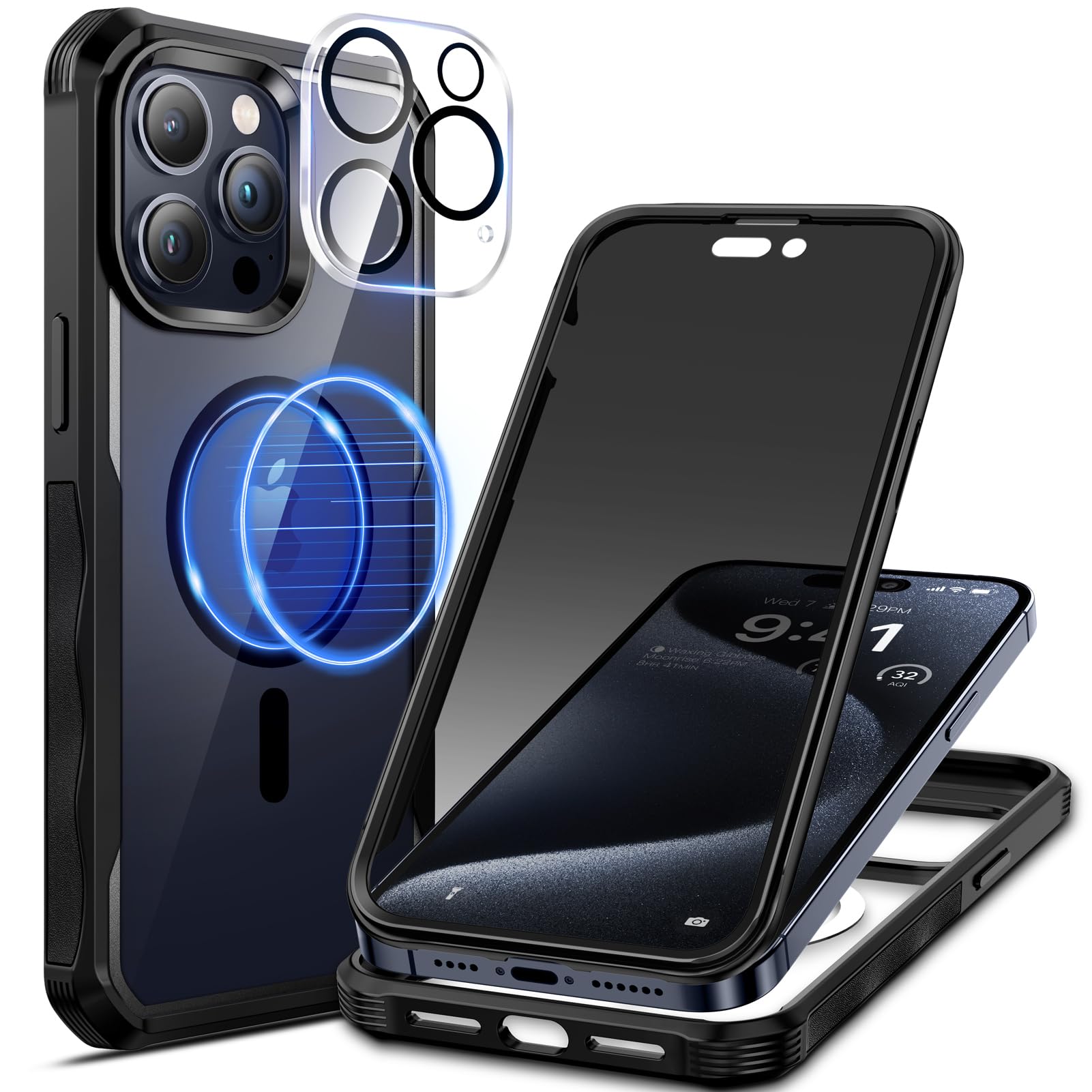 seacosmo Magnetic for iPhone 15 Pro Max Case, Privacy Phone Cover Compatible with Magsafe Built-in Anti Peep Tempered Glass Privacy Screen Protector and Camera Protective Full Body Shockproof -Black