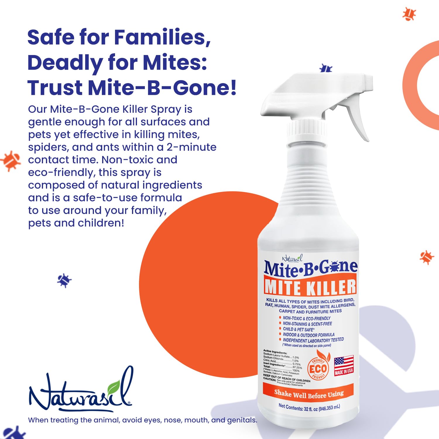 Mite Killer Spray by Mite-B-Gone Treatment — Kills Human Mites, Dust, Spider, Rat, Carpet & Bird Mites in Homes, Furniture, Bedding, Auto & On Animals | Non-Toxic | Kid & Pet Safe | 32oz Spray