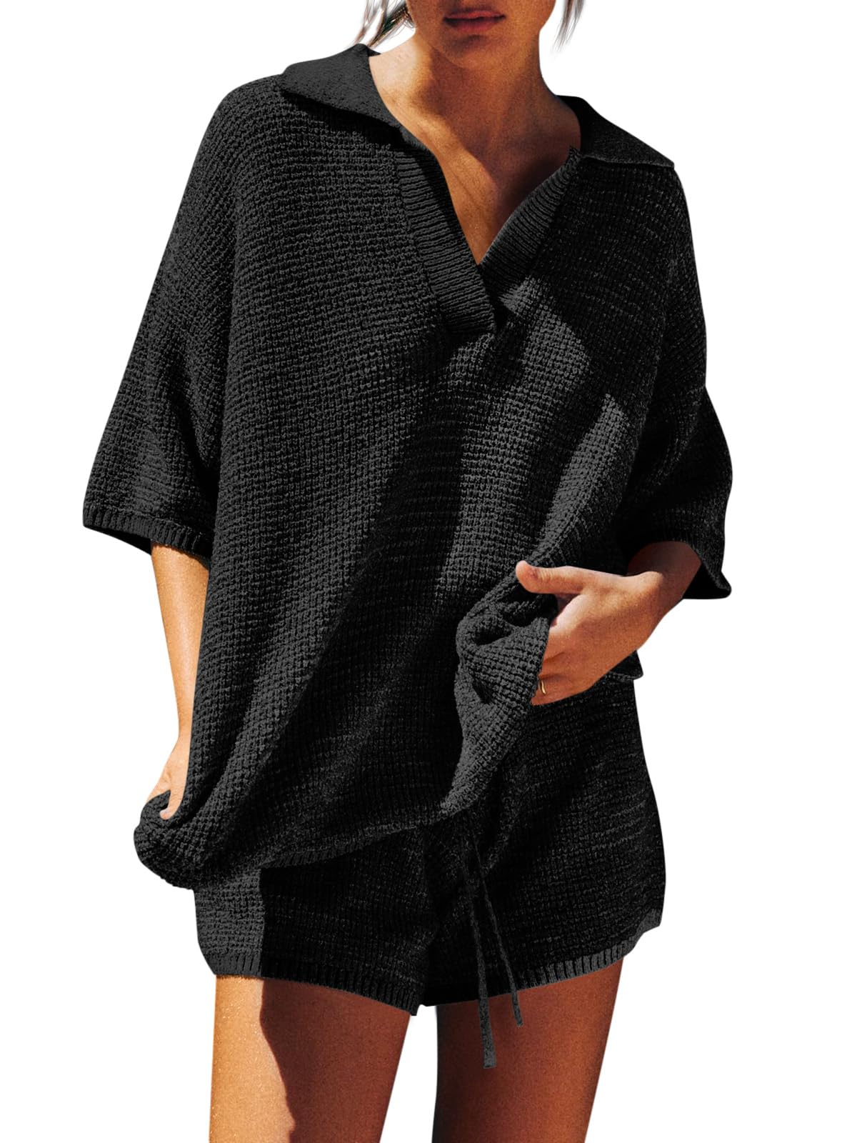 Photo 1 of Tankaneo Womens Sweater Set 2 Piece Outfits Oversized 3/4 Sleeve V Neck Knit Tops High Waisted Shorts Lounge Sets