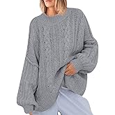 Saodimallsu Womens Oversized Sweaters Chunky Cable Knit Crew Neck Casual Long Lantern Sleeve Fall Tunic Sweater Tops