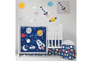 Rtteri 4 Pieces Baby Crib Bedding Set, Nursery Bedding Standard Size Soft Baby Bedding Set Including Crib Skirt, Blanket, Sheet and Diaper Stacker for Girls and Boys(Space)