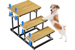 CIDAZIYA Deformable Bamboo Pet Dog Stairs Dog Steps for High Bed & Couch, Adjusted 4 or 3 Ladder Dog Step Pet Stairs, Metal & Non-Slip Bamboo Board Pet Step Cat Stairs Steps for Small Medium Dogs