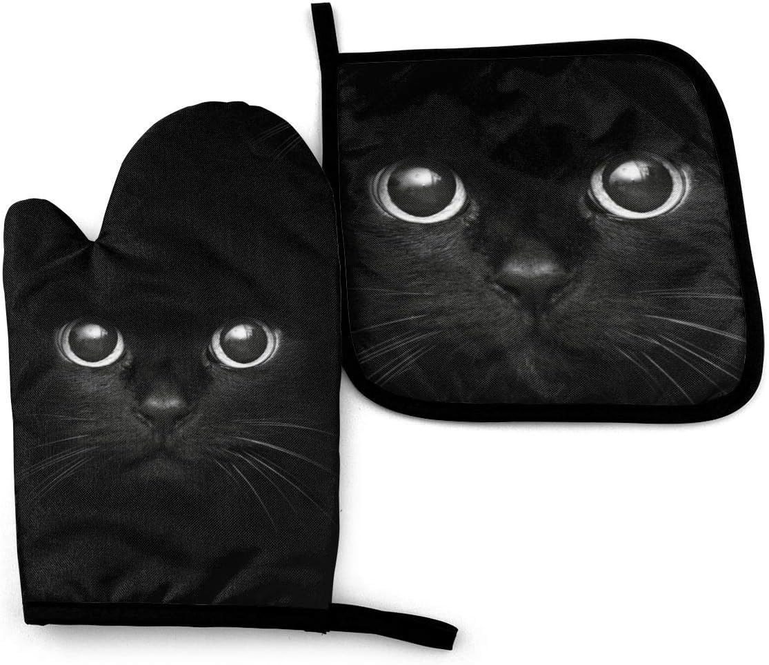 Cute Black Cat Face Oven Mitt and Pot Holder Heat Resistant