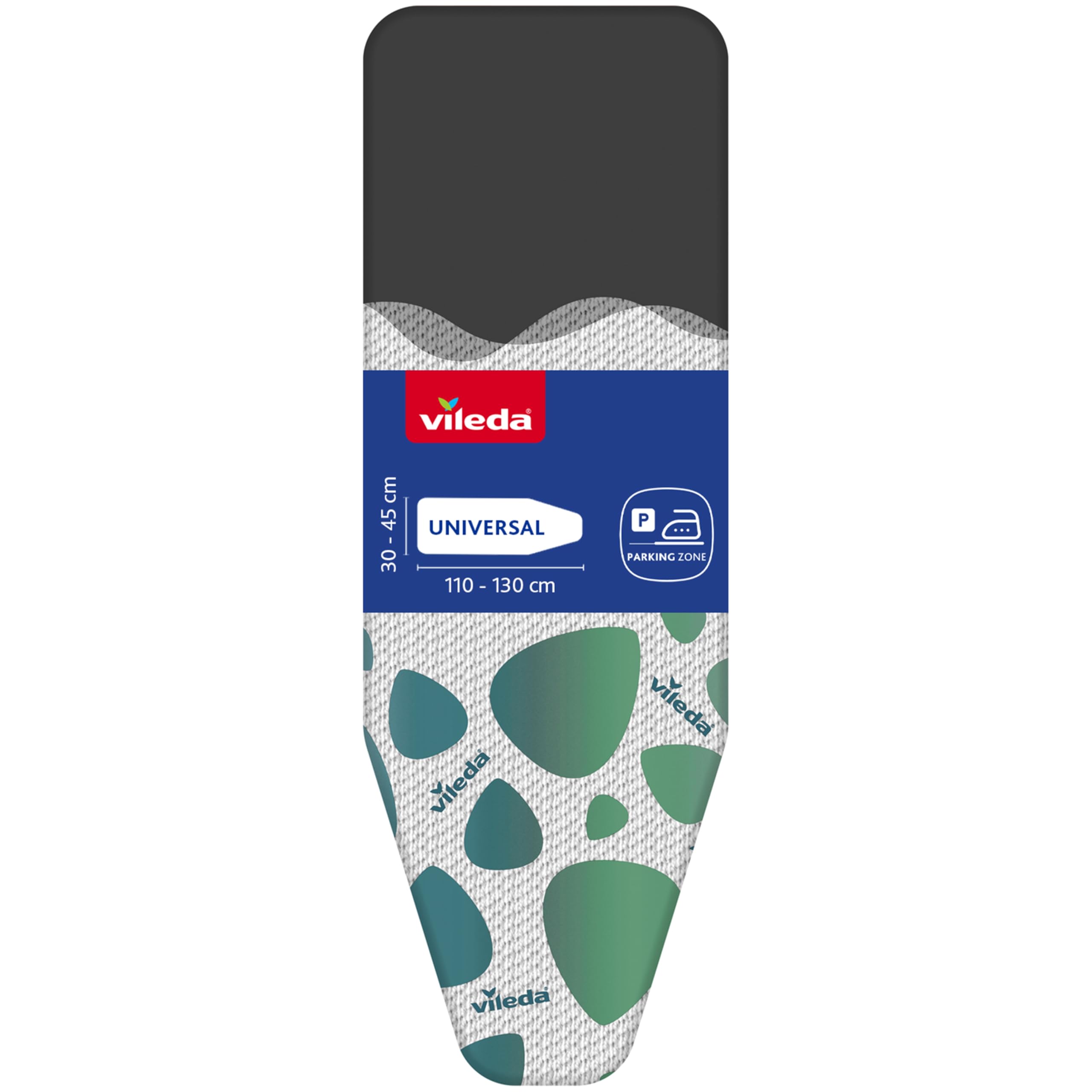 Vileda Park and Go Ironing Board Cover with Heat Resistant Parking Zone - Universal Size 30-45cm wide by 110-130cm long - Mint Grey