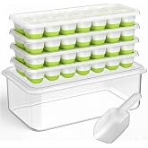 Ice Cube Trays with Lid and Bin, 4 Pack Silicone Ice Cube Tray for Freezer, Stackable Ice Storage Container with Scoop, for Drinks, Coffee, Cocktail