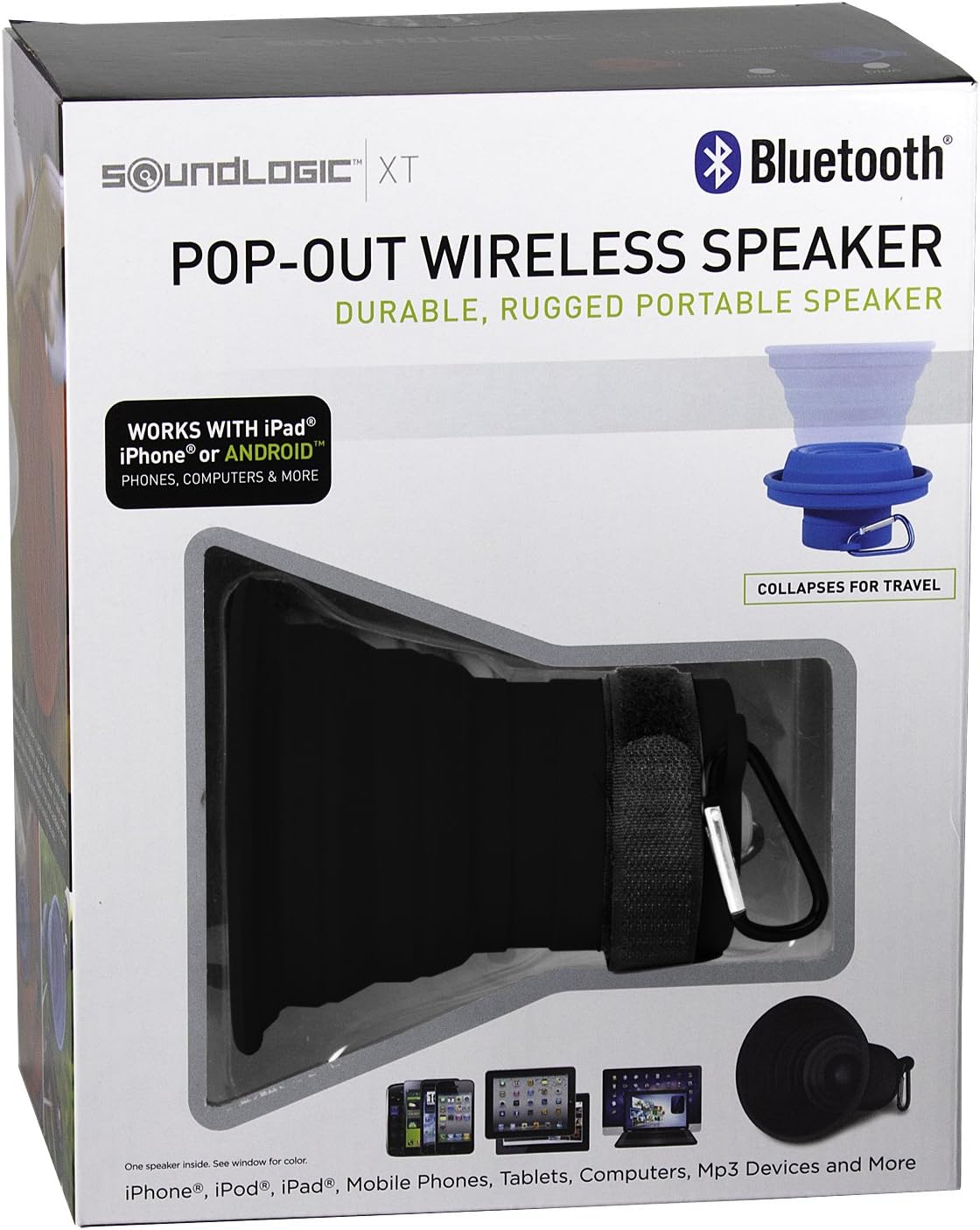 soundlogic bluetooth rugged pro waterproof speaker with carabiner & suction cup