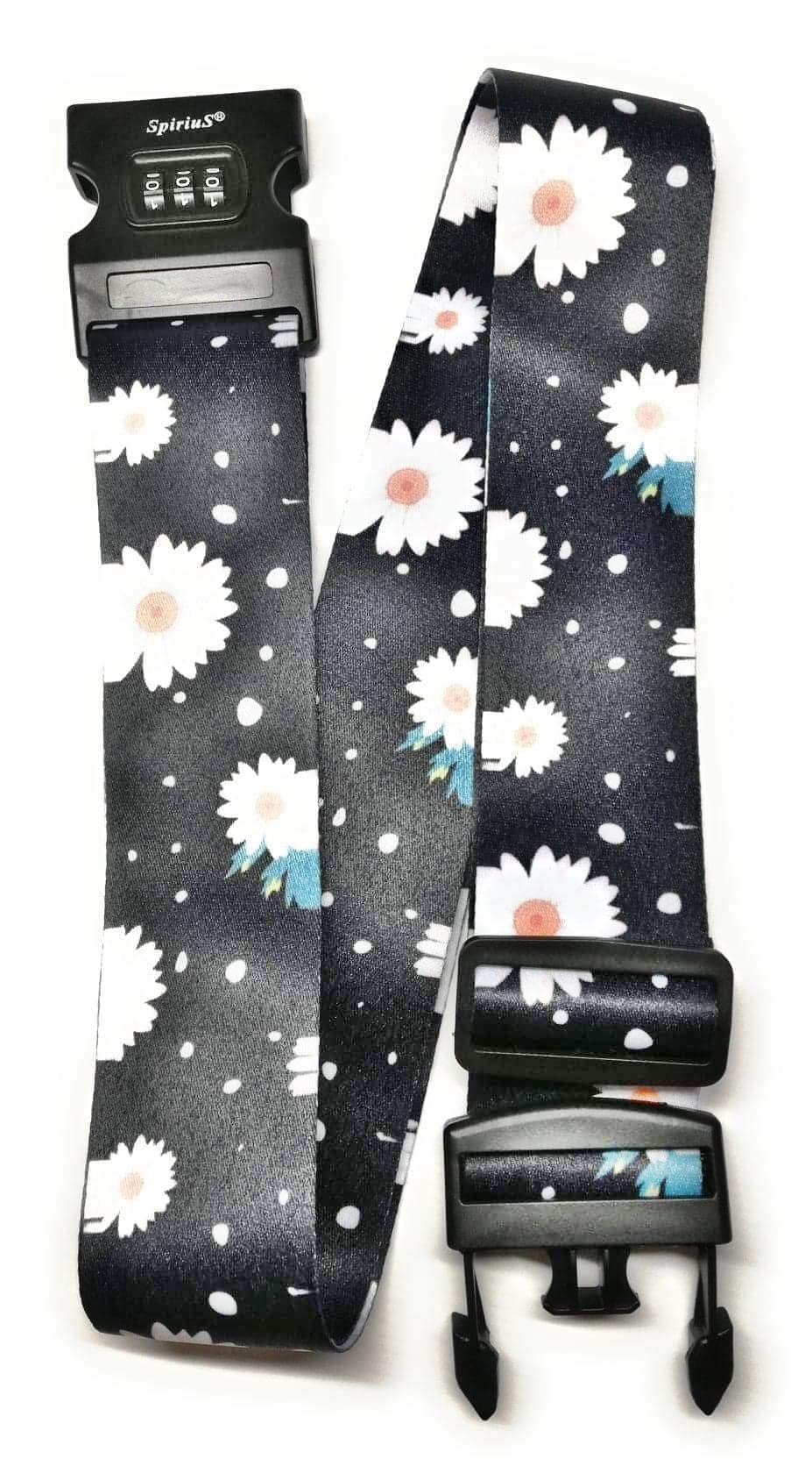 SpiriuS Floral Daisies Travel Luggage Straps Adjustable Suitcase Safety Combination Lock Buckle Belt (Daisies in Black)